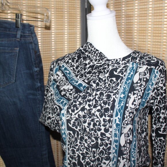 LOFT Navy White & Teal Blouse with Woodland Creatures and Unicorn Motif - Picture 8 of 8